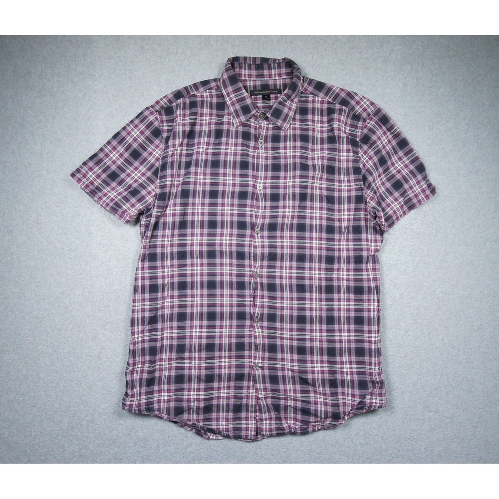 John Varvatos Shirt‎ Mens Medium Purple Button Up Short Sleeve Plaid Collared